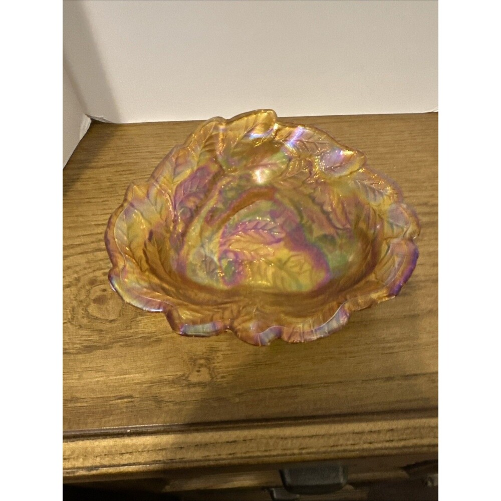 Vintage Carnival Glass Amber Iridescent Leaves Pattern bowl w/grapes on bottom.